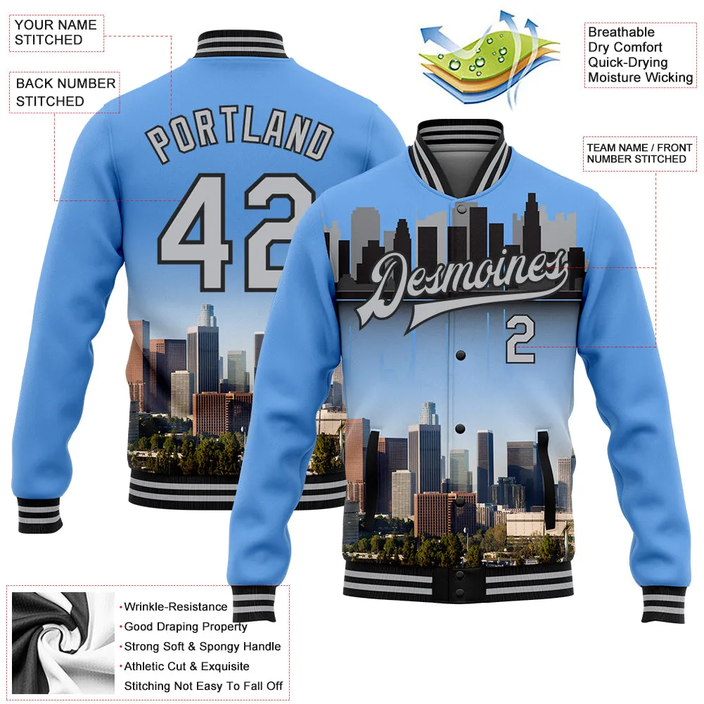 Custom Powder Blue Gray-Black Los Angeles California City Edition 3D Bomber Full-Snap Varsity Letterman Jacket