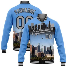 Custom Powder Blue Gray-Black Los Angeles California City Edition 3D Bomber Full-Snap Varsity Letterman Jacket