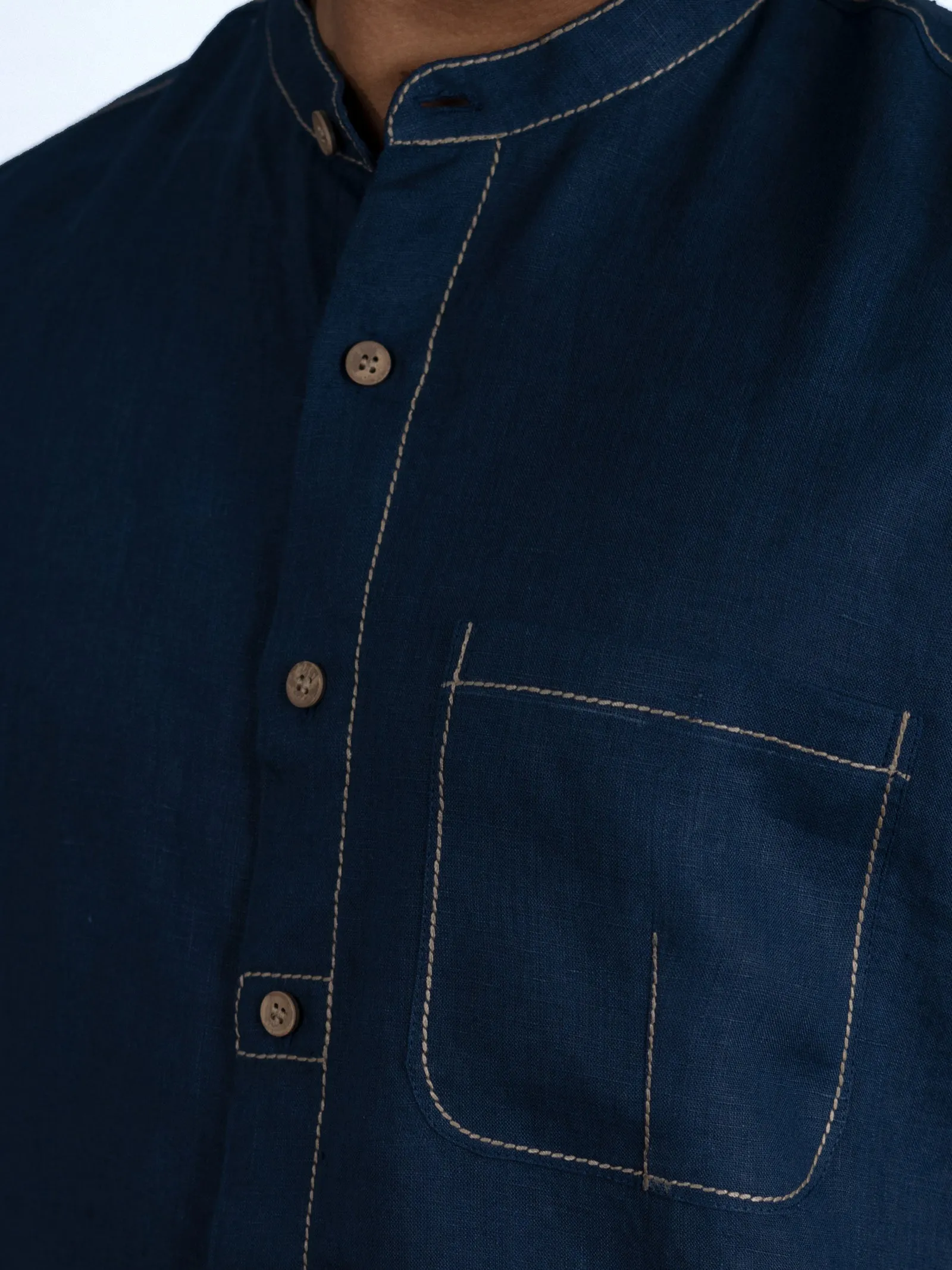 Desmond - Pure Linen Stitch Detailed Half Sleeve Shirt - Blue (Factory Rescue)