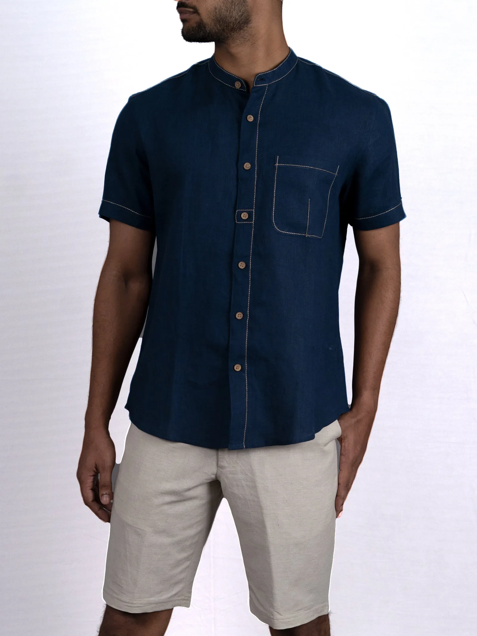 Desmond - Pure Linen Stitch Detailed Half Sleeve Shirt - Blue (Factory Rescue)