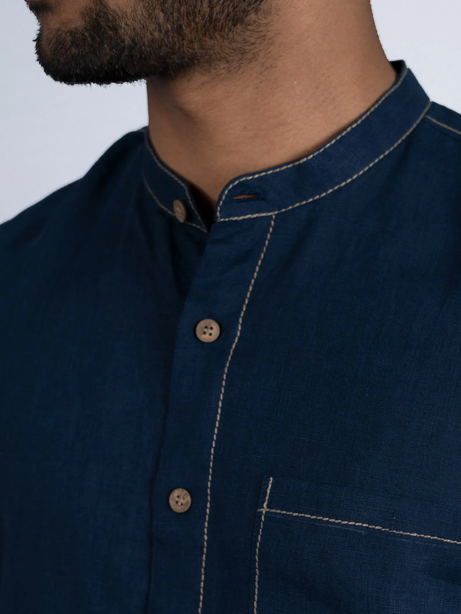 Desmond - Pure Linen Stitch Detailed Half Sleeve Shirt - Blue