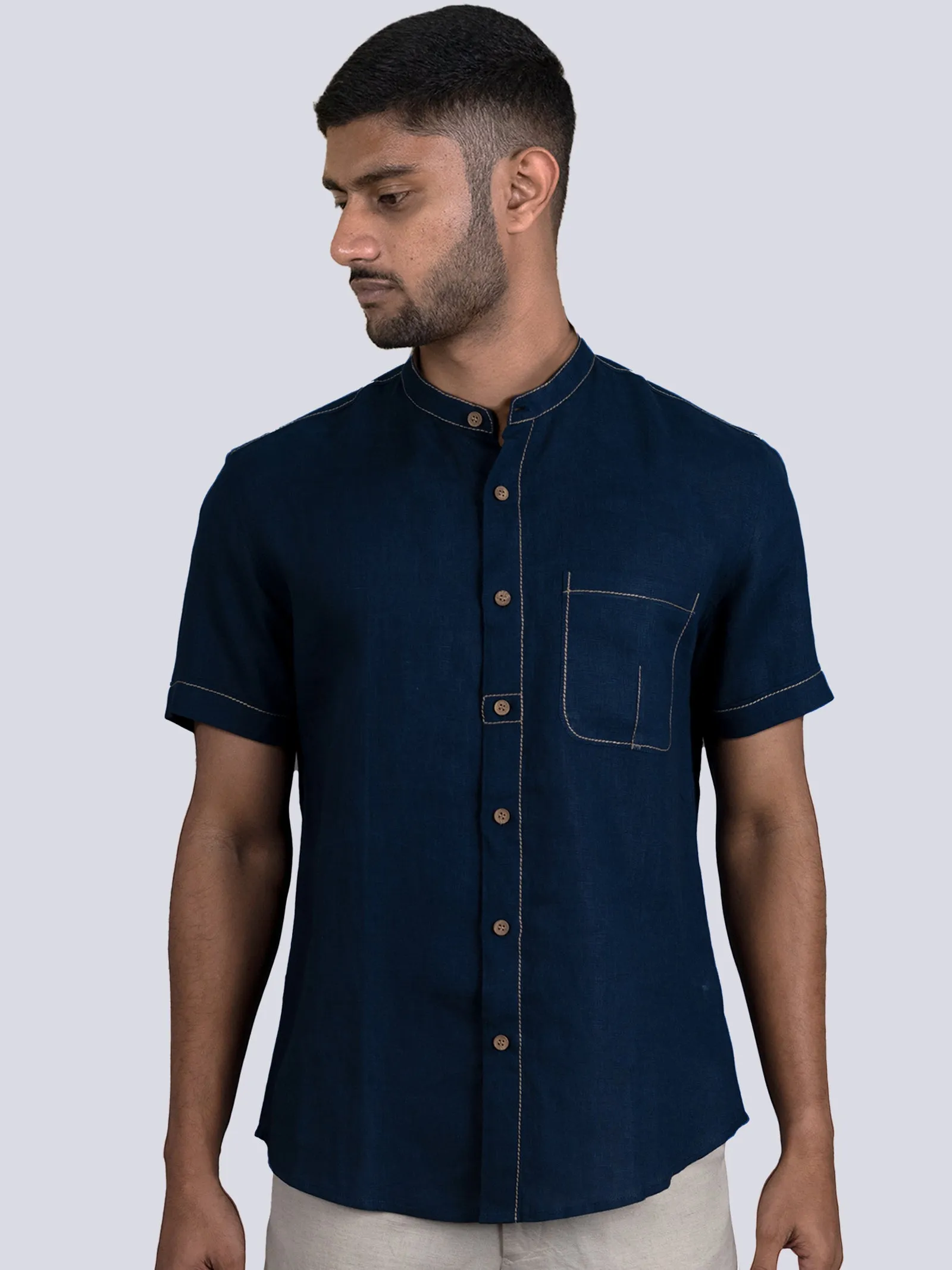 Desmond - Pure Linen Stitch Detailed Half Sleeve Shirt - Blue