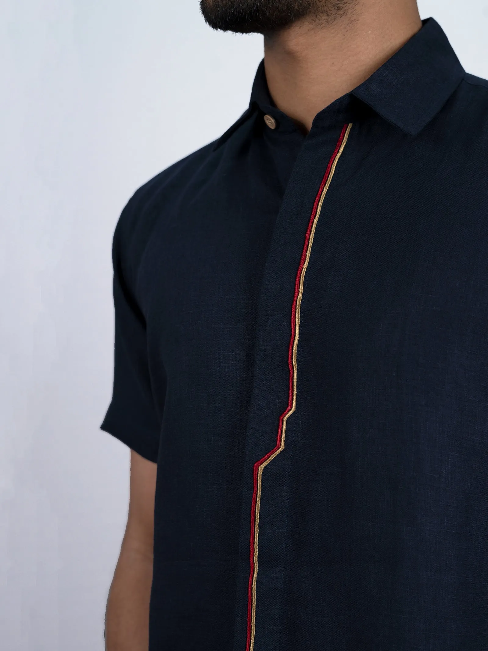 Dexter - Pure Linen Placket Embroidered Half Sleeve Shirt - Dark Blue