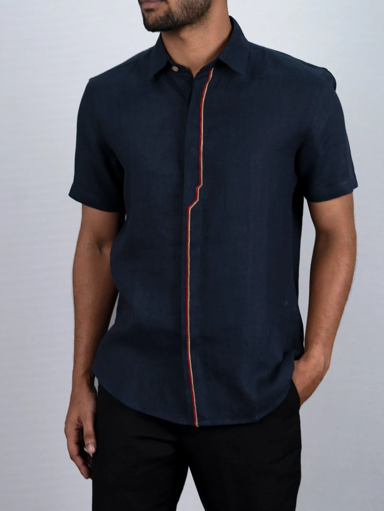 Dexter - Pure Linen Placket Embroidered Half Sleeve Shirt - Dark Blue