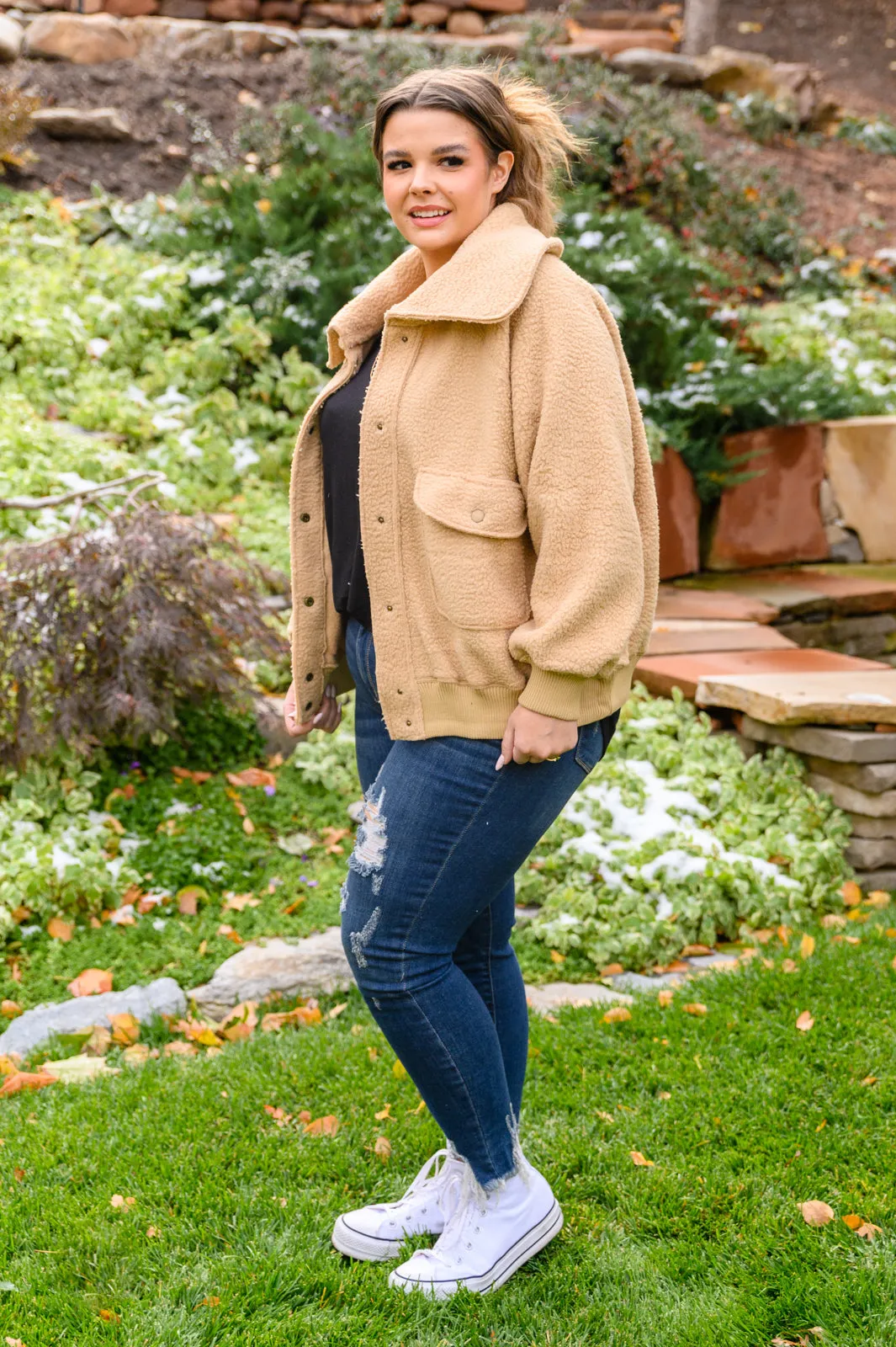 Don't Stress Oversized Collar Sherpa Jacket In Taupe