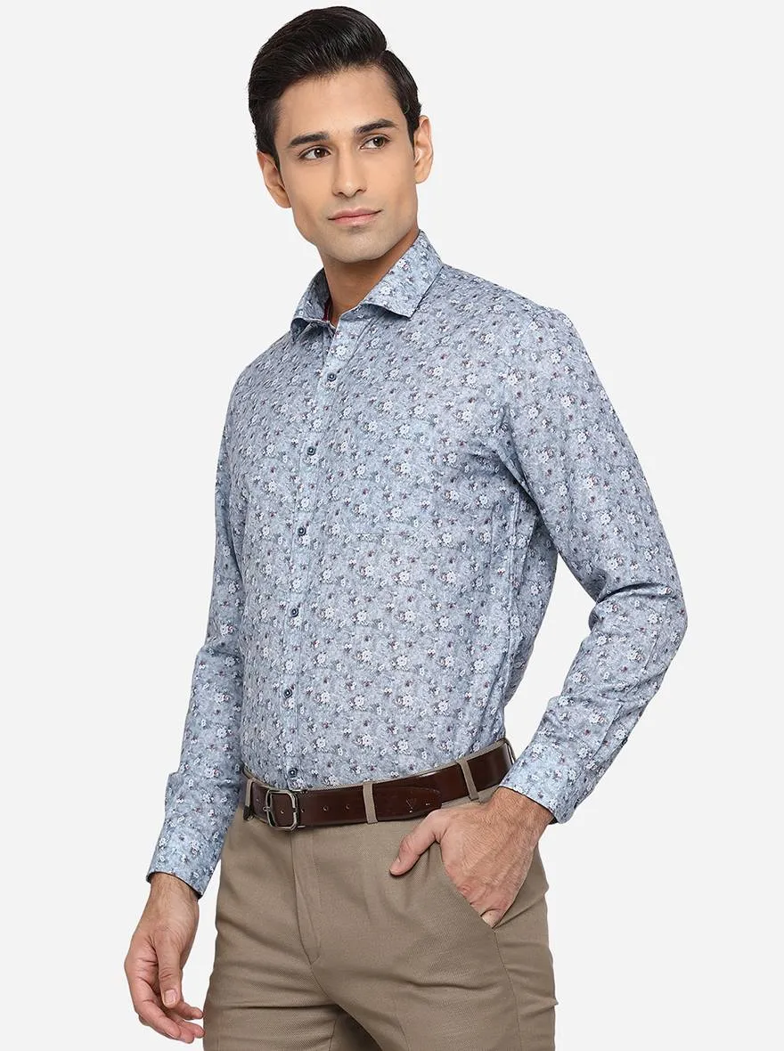 Faded Blue Printed Slim Fit Party Wear Shirt | Greenfibre