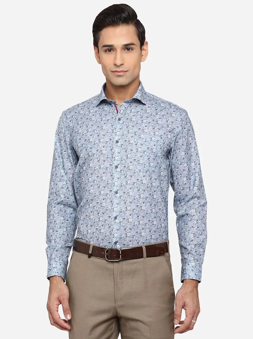 Faded Blue Printed Slim Fit Party Wear Shirt | Greenfibre