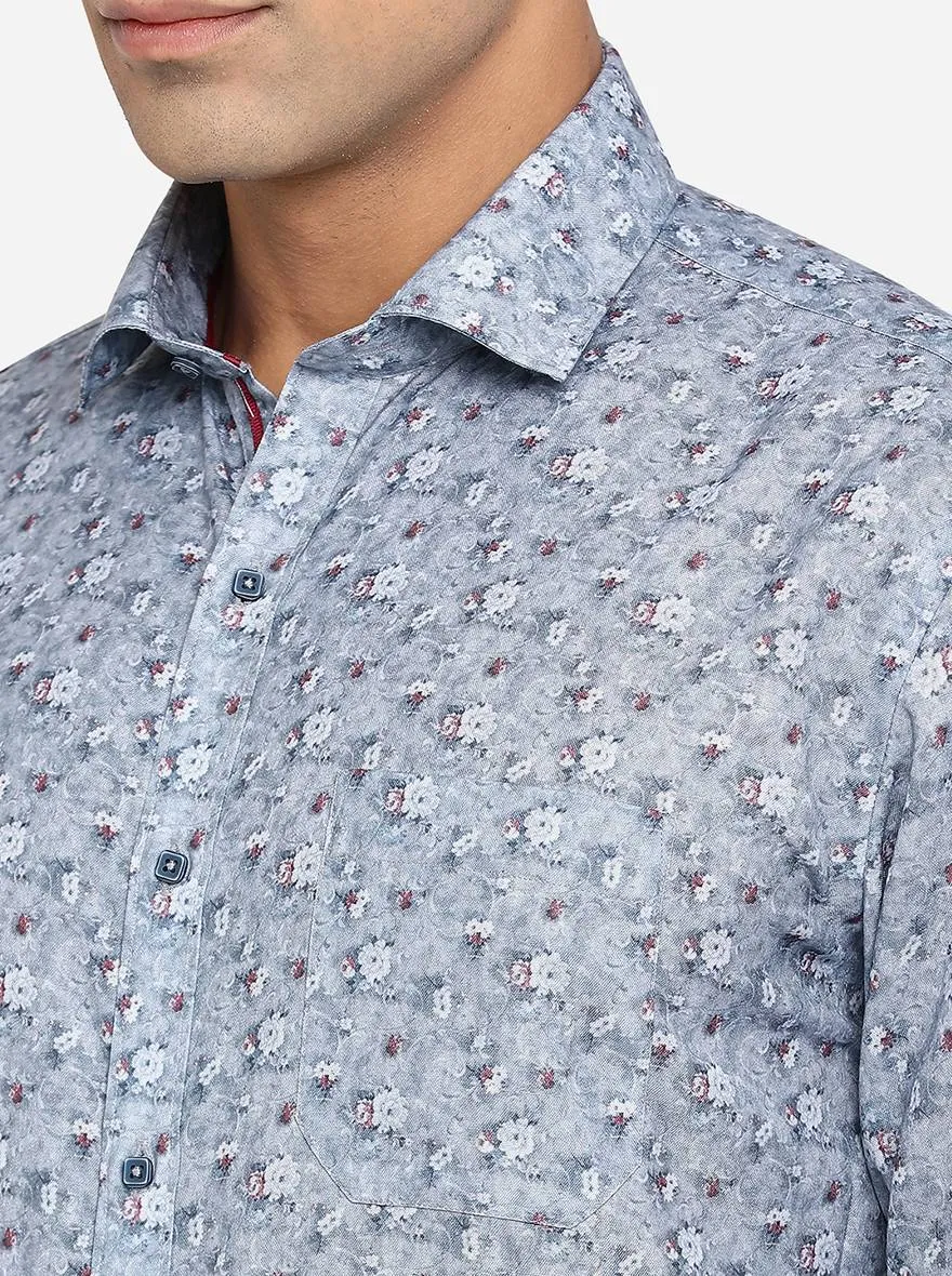 Faded Blue Printed Slim Fit Party Wear Shirt | Greenfibre