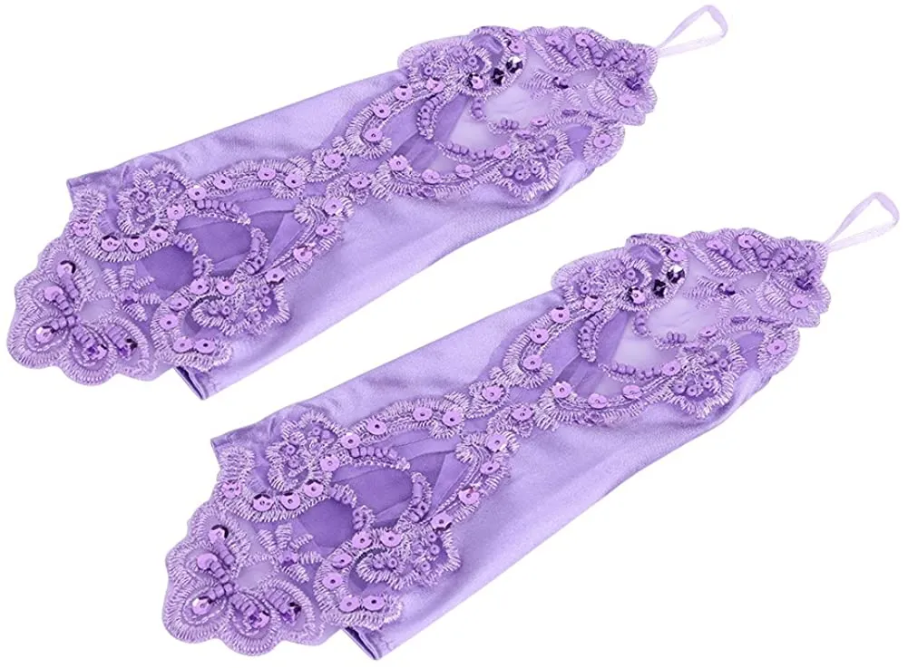 Fancydresswale Women Evening Opera Satin Gloves Fingerless Gathered Lace Sequins Bridal and Costume Party Gloves