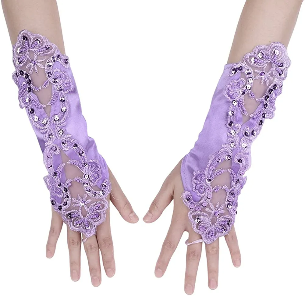 Fancydresswale Women Evening Opera Satin Gloves Fingerless Gathered Lace Sequins Bridal and Costume Party Gloves