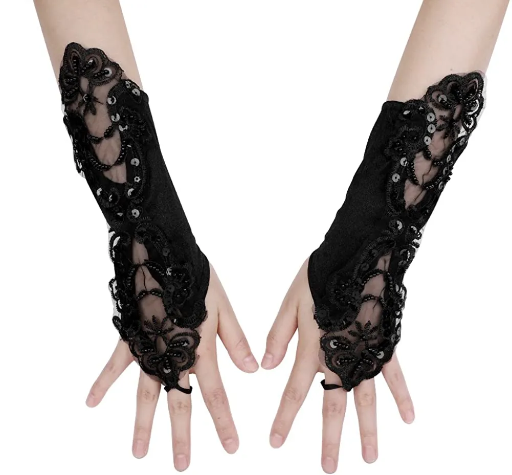 Fancydresswale Women Evening Opera Satin Gloves Fingerless Gathered Lace Sequins Bridal and Costume Party Gloves