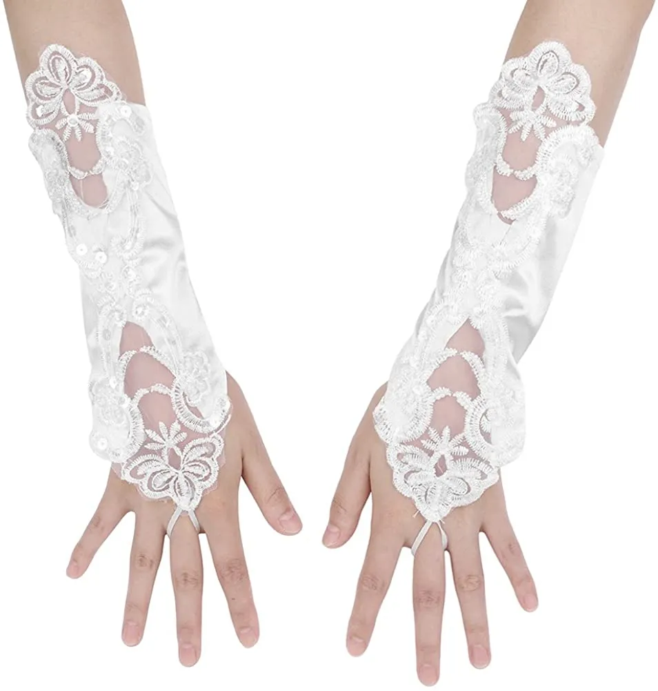 Fancydresswale Women Evening Opera Satin Gloves Fingerless Gathered Lace Sequins Bridal and Costume Party Gloves