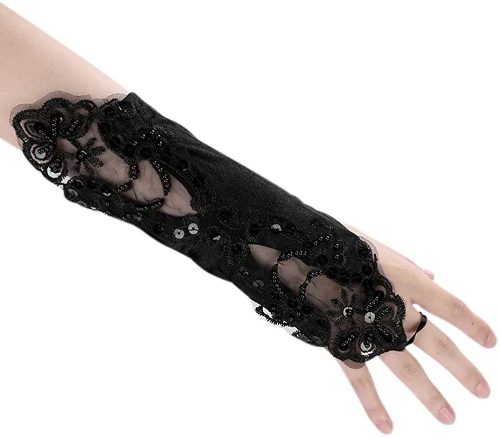 Fancydresswale Women Evening Opera Satin Gloves Fingerless Gathered Lace Sequins Bridal and Costume Party Gloves