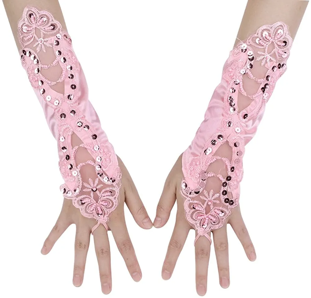 Fancydresswale Women Evening Opera Satin Gloves Fingerless Gathered Lace Sequins Bridal and Costume Party Gloves