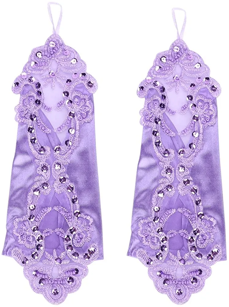 Fancydresswale Women Evening Opera Satin Gloves Fingerless Gathered Lace Sequins Bridal and Costume Party Gloves