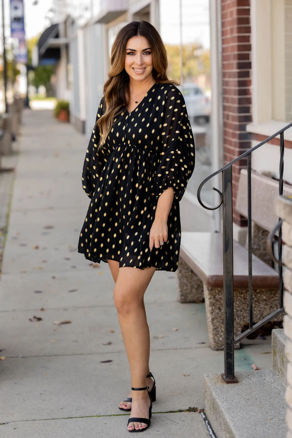 Foil Spotted Cinched Sleeve Dress