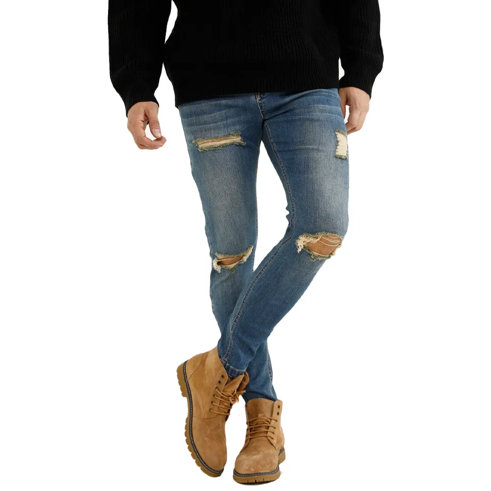 Free Sample Top Quality Side Pocket Ripped Jeans Original Stretch Denim Jeans Mens