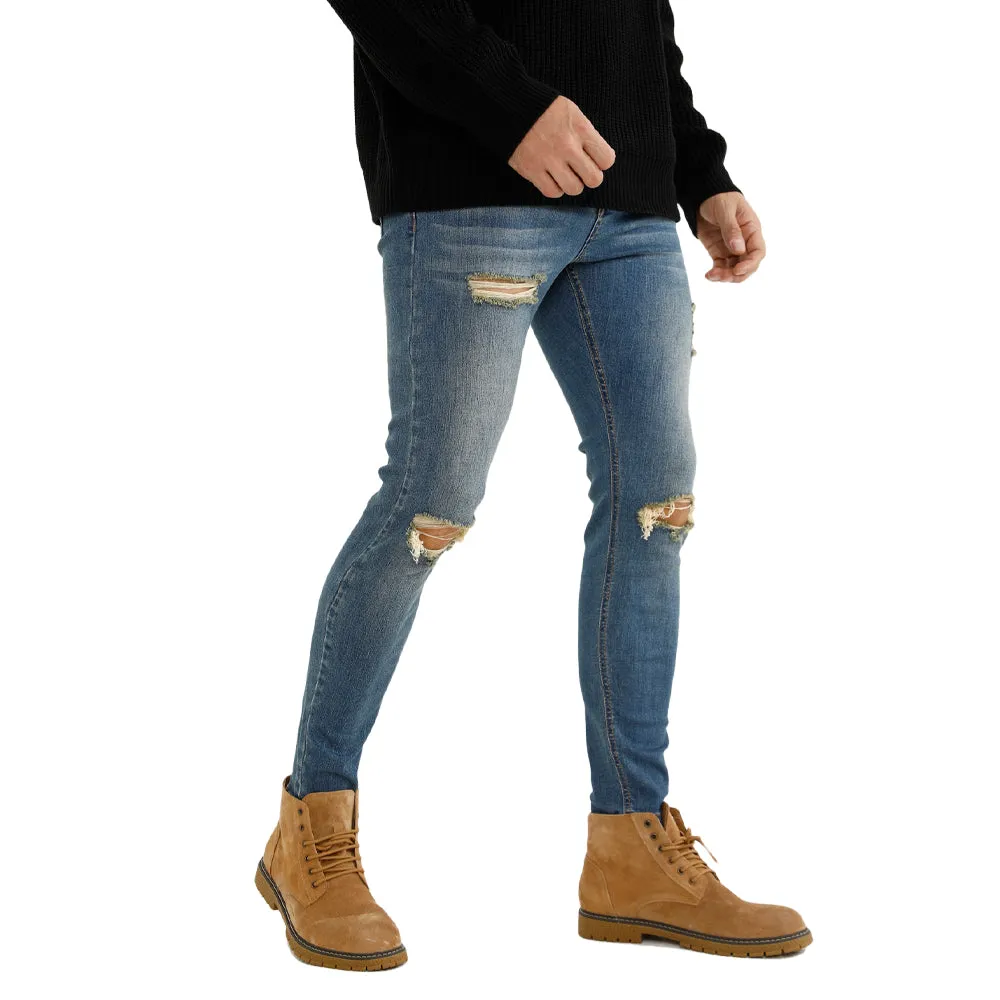 Free Sample Top Quality Side Pocket Ripped Jeans Original Stretch Denim Jeans Mens