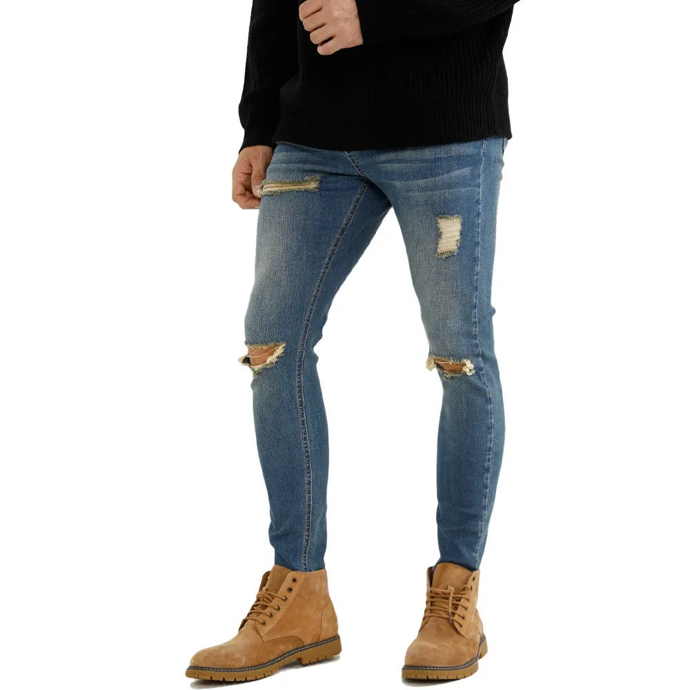 Free Sample Top Quality Side Pocket Ripped Jeans Original Stretch Denim Jeans Mens