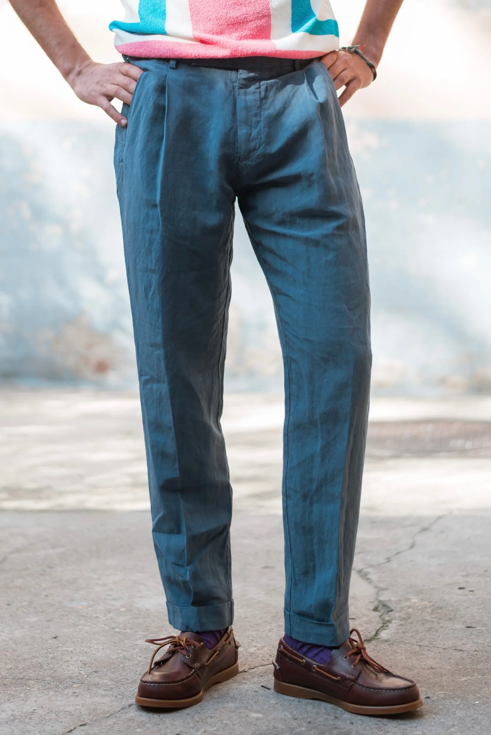 FRESH Lyocell Linen One-Pleat Chino Pants In Blue