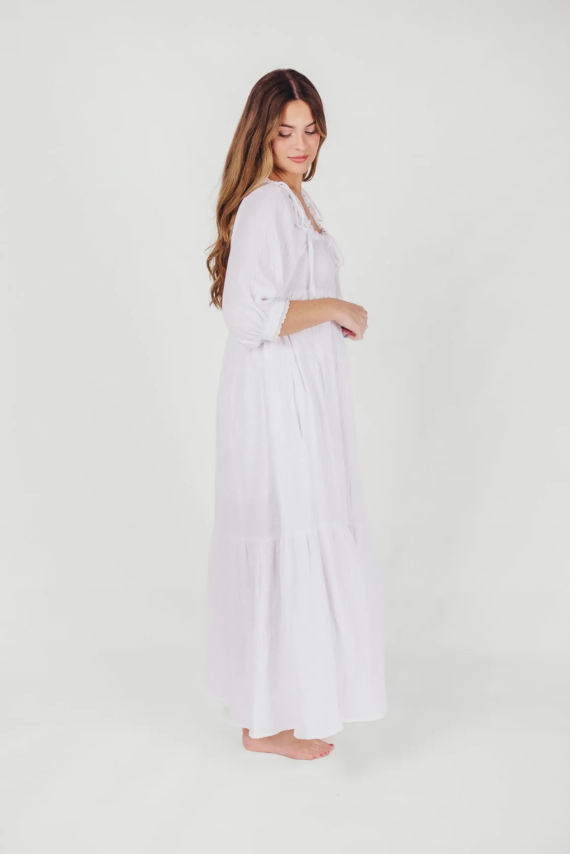 Goddess 100% Cotton Babydoll Maxi Dress in White - Bump Friendly