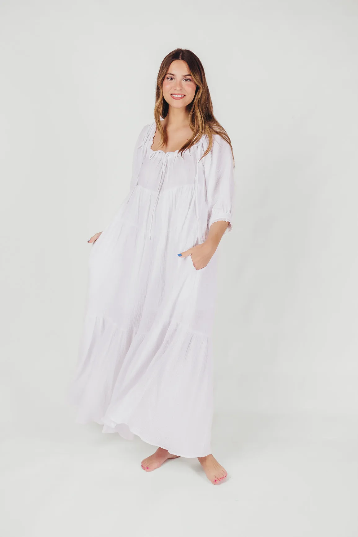 Goddess 100% Cotton Babydoll Maxi Dress in White - Bump Friendly