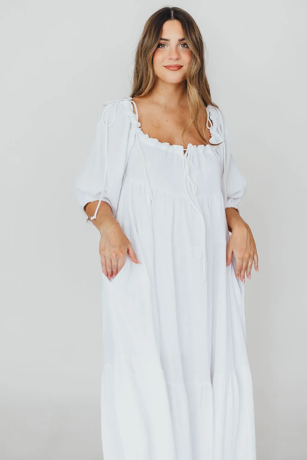 Goddess 100% Cotton Babydoll Maxi Dress in White - Bump Friendly