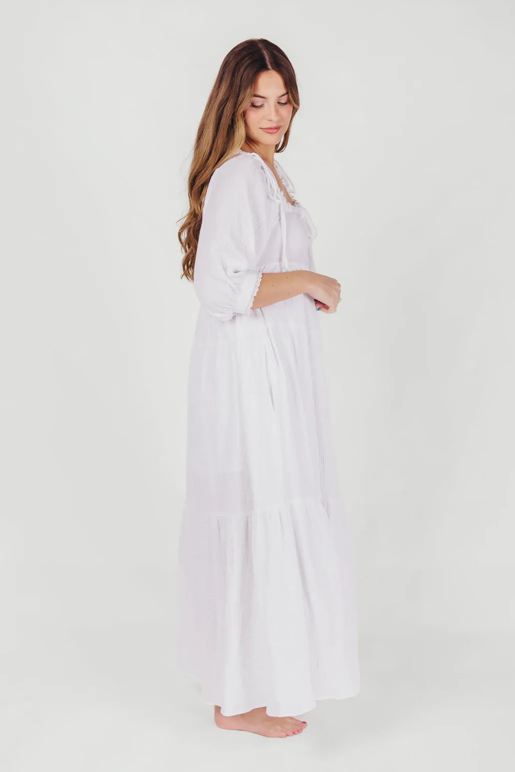 Goddess 100% Cotton Babydoll Maxi Dress in White - Bump Friendly