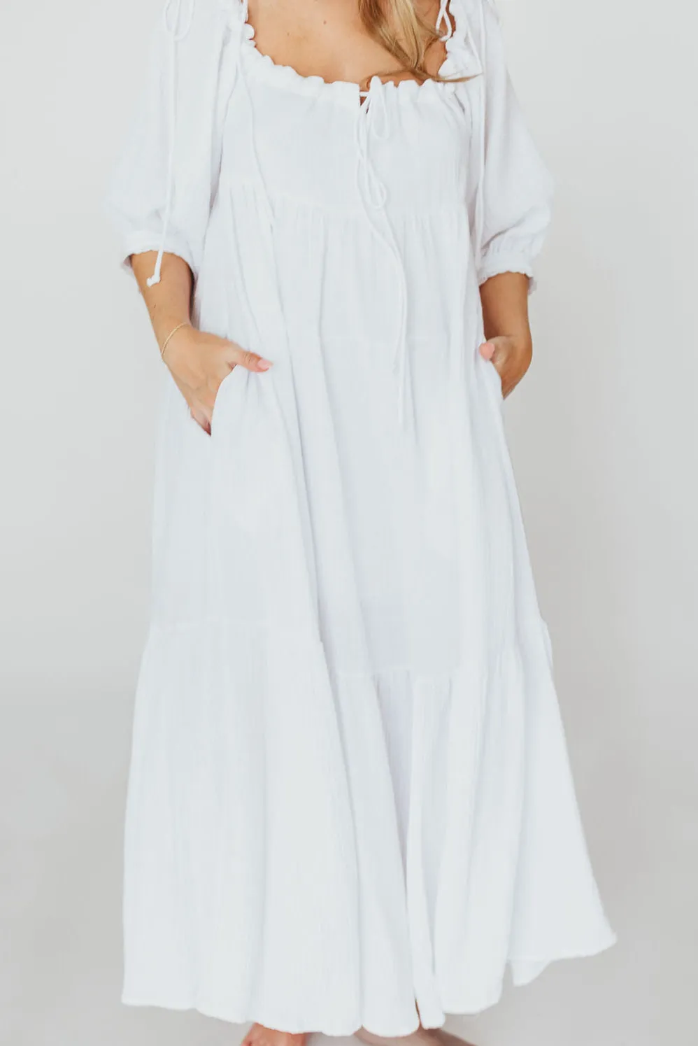 Goddess 100% Cotton Babydoll Maxi Dress in White - Bump Friendly