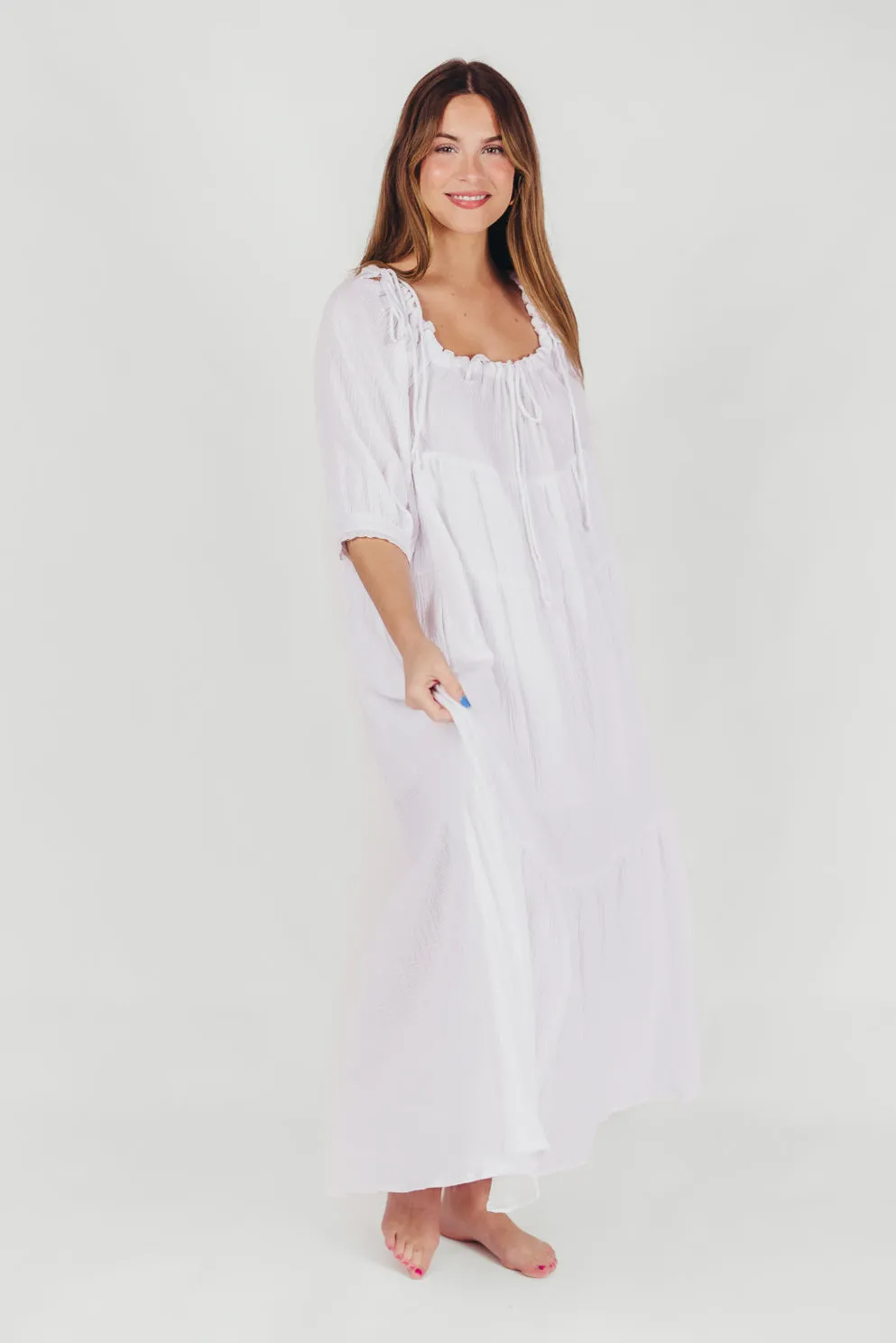 Goddess 100% Cotton Babydoll Maxi Dress in White - Bump Friendly