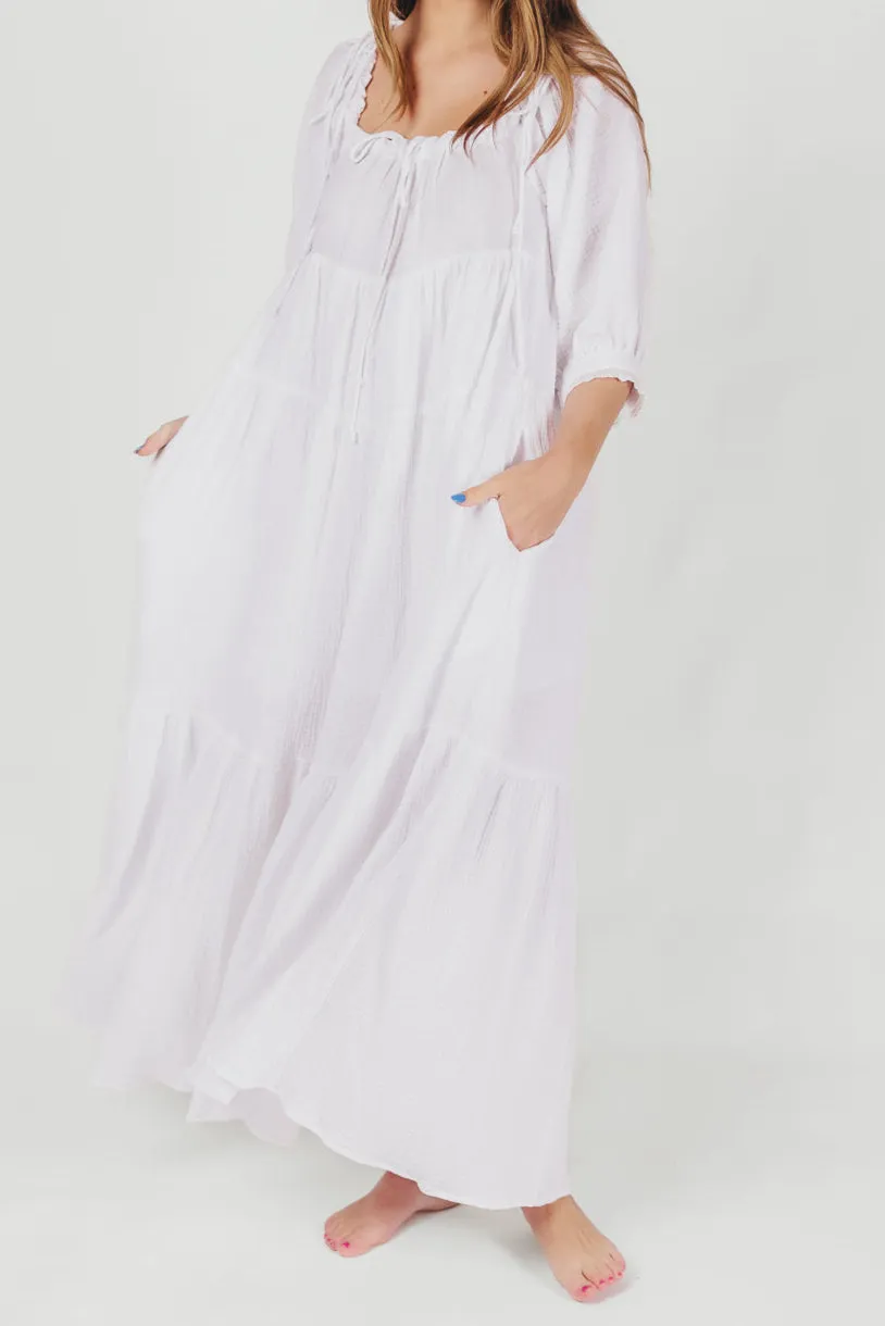 Goddess 100% Cotton Babydoll Maxi Dress in White - Bump Friendly