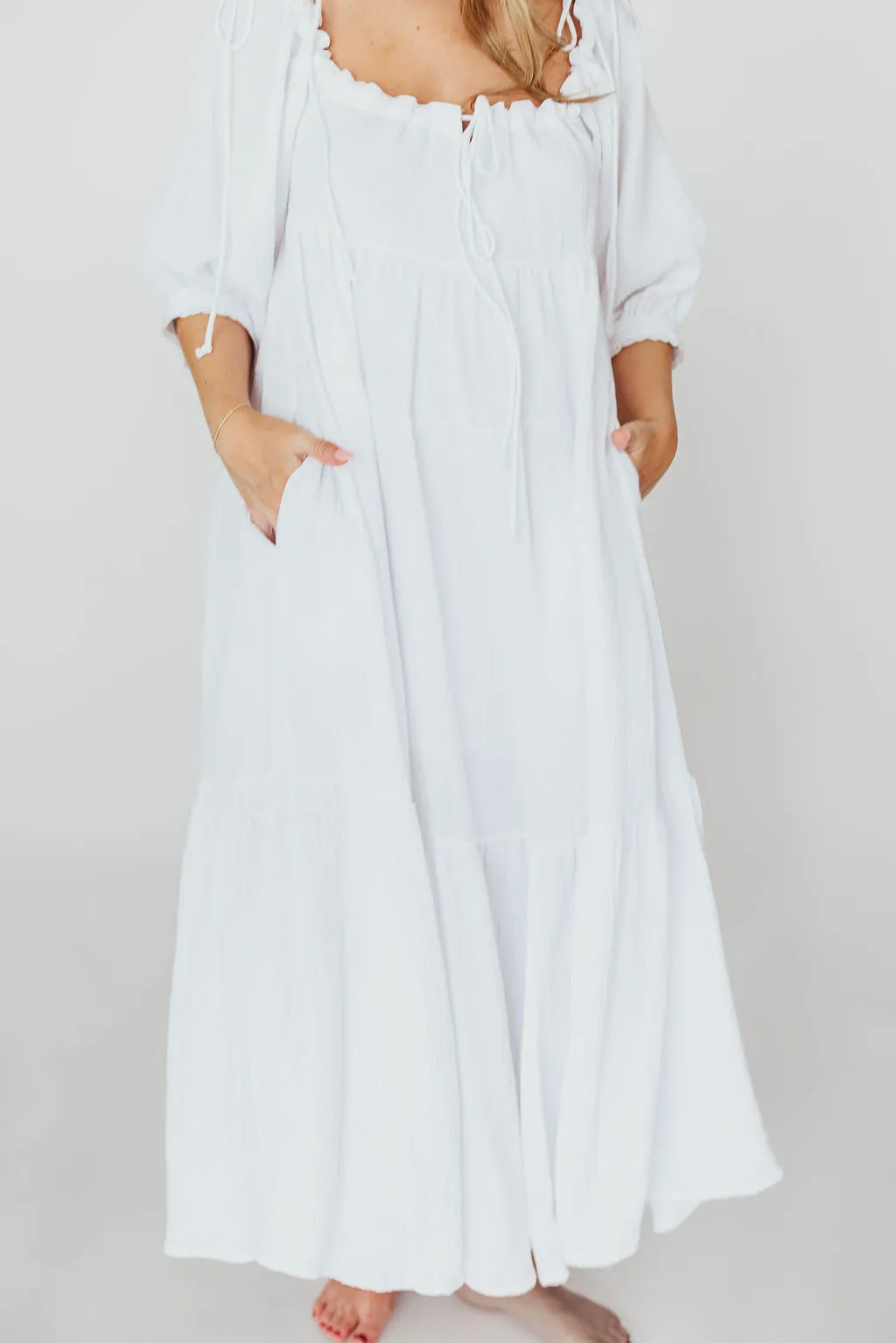 Goddess 100% Cotton Babydoll Maxi Dress in White - Bump Friendly