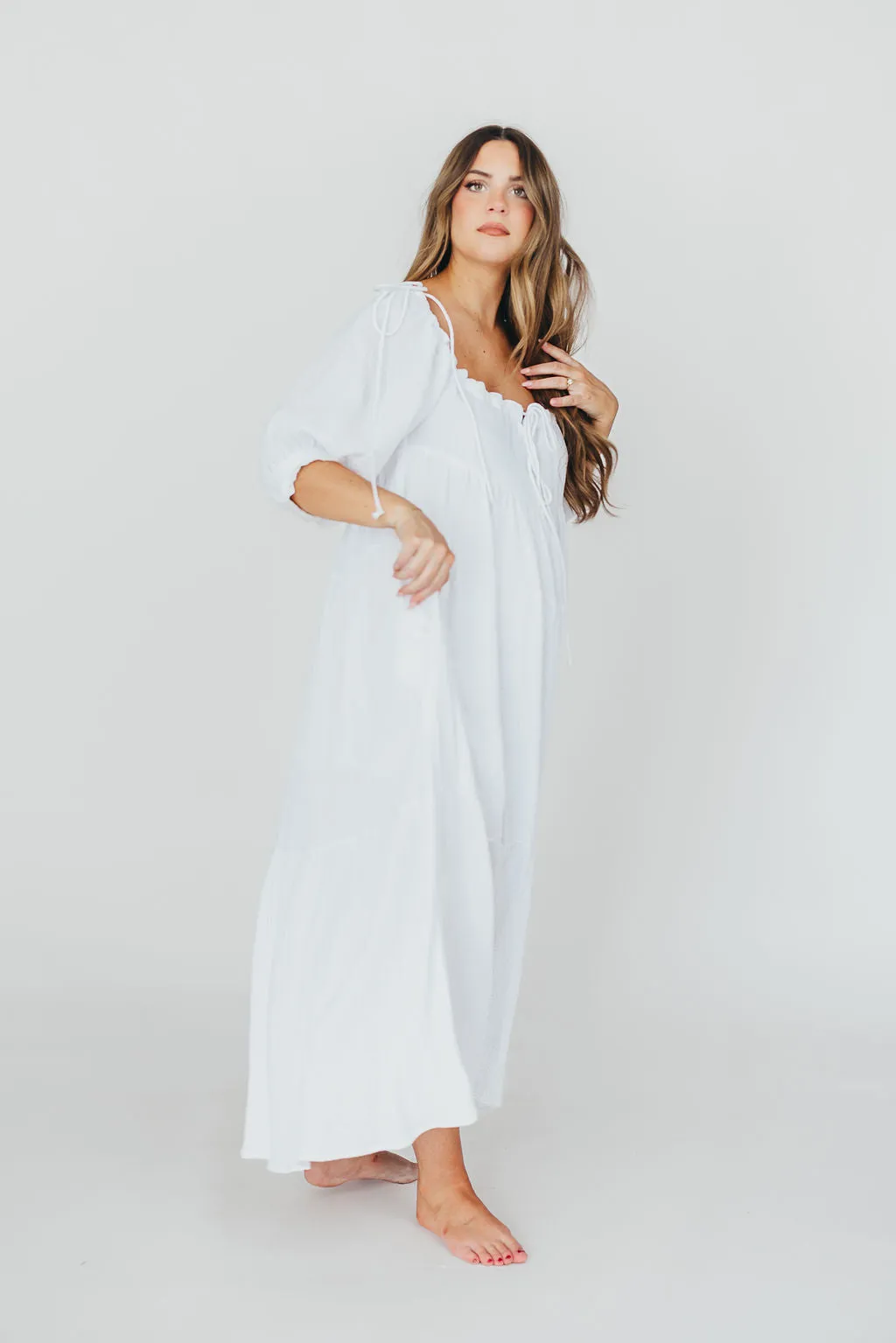 Goddess 100% Cotton Babydoll Maxi Dress in White - Bump Friendly