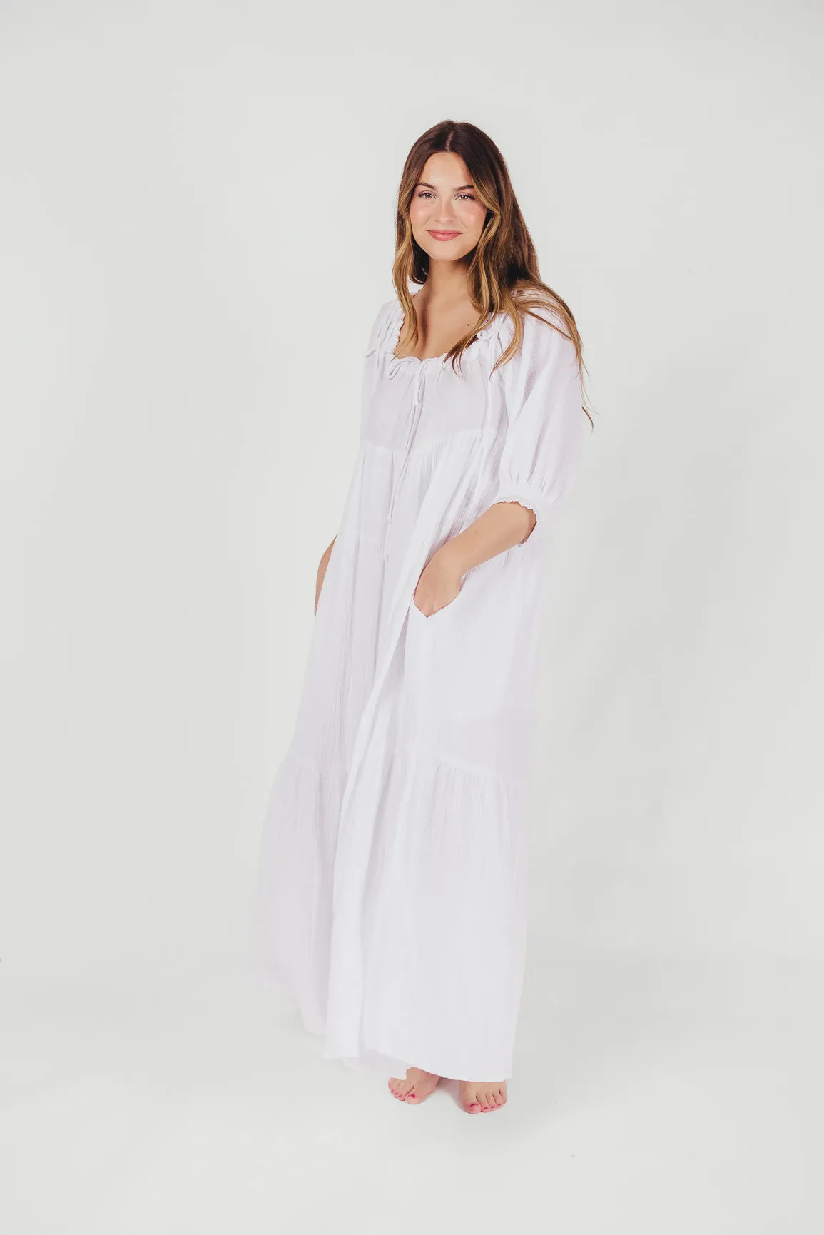 Goddess 100% Cotton Babydoll Maxi Dress in White - Bump Friendly