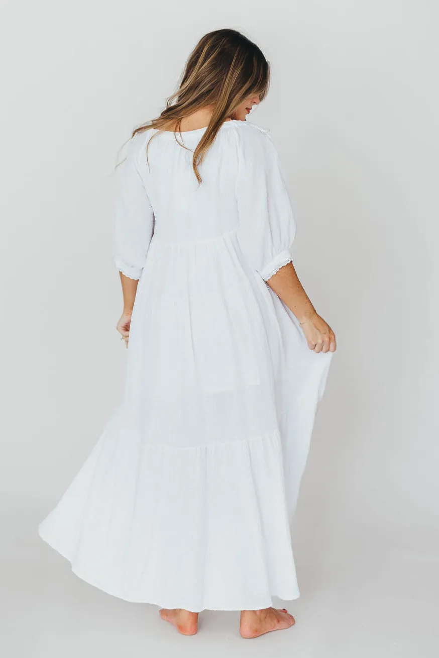 Goddess 100% Cotton Babydoll Maxi Dress in White - Bump Friendly