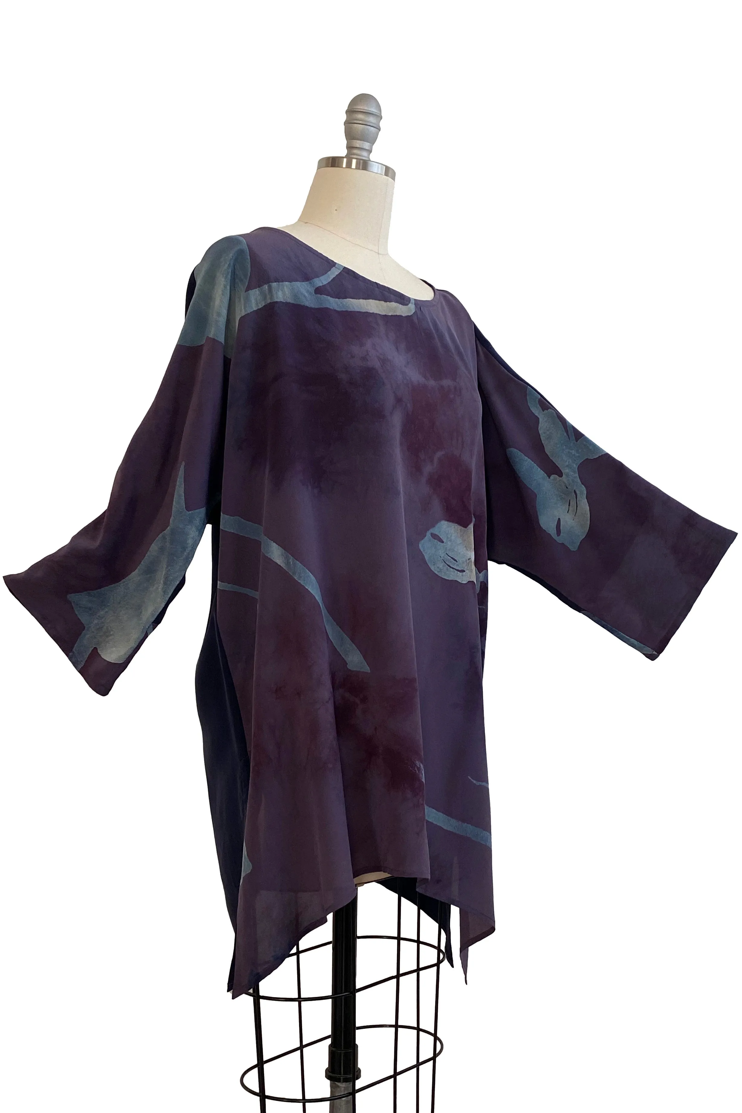 Greg's Tunic in Silk Georgette w/ Tulip Print - Purple & Blue - Medium