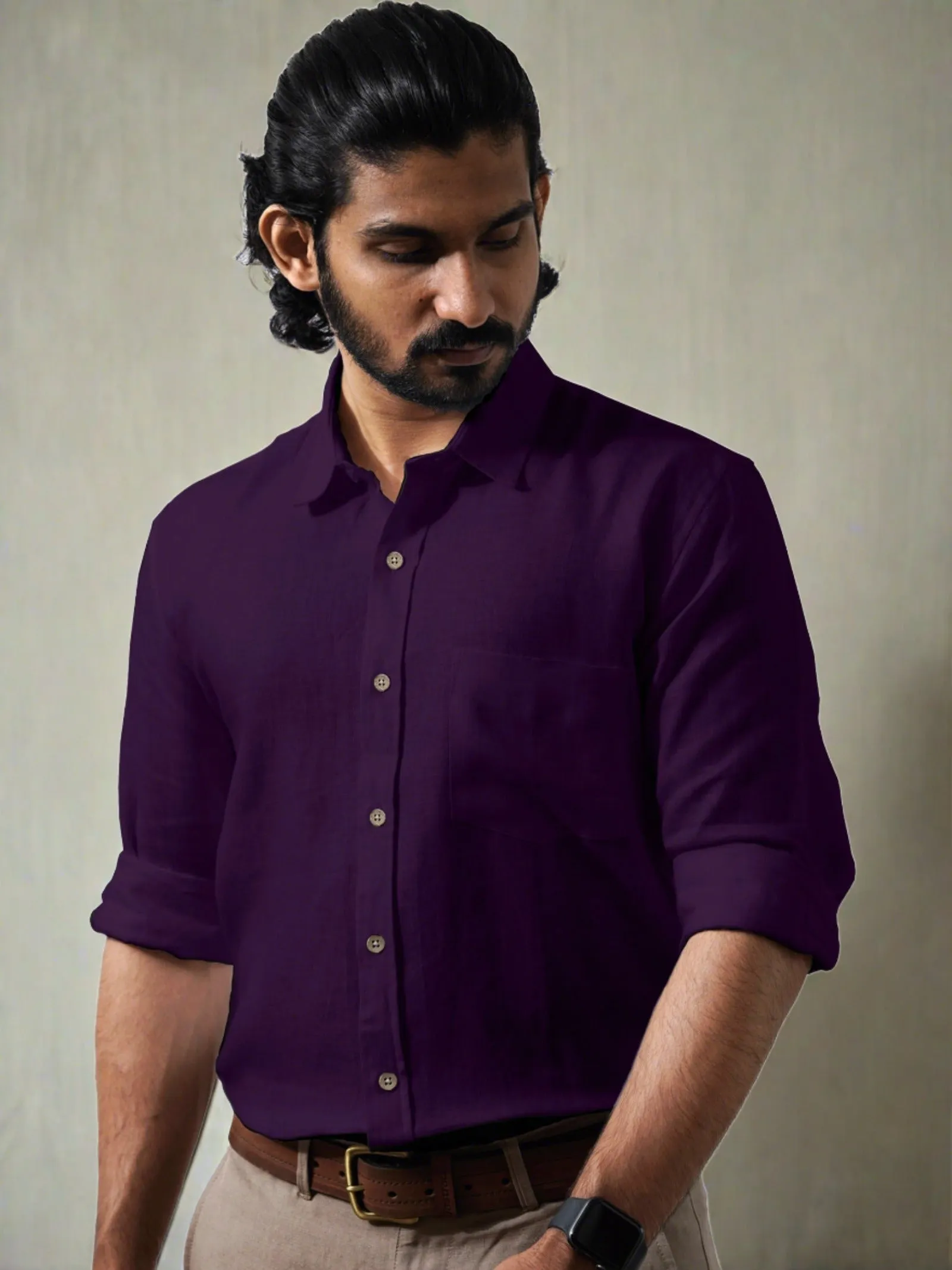 Harvey - Pure Linen Full Sleeve Shirt - Dark Purple