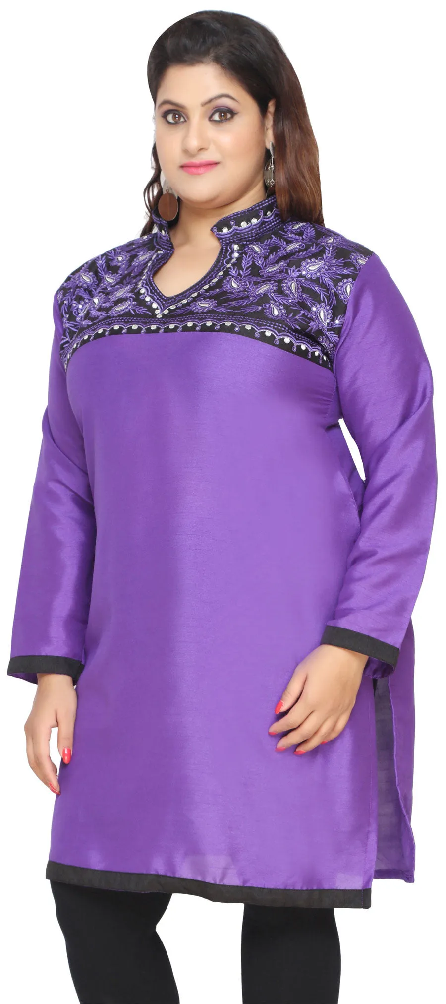 India Long Poly Silk Kurti Womens Plus Size Indian Clothes (Purple)