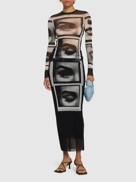 Jean Paul Gaultier   Eyes &amp; lips printed mesh long dress 