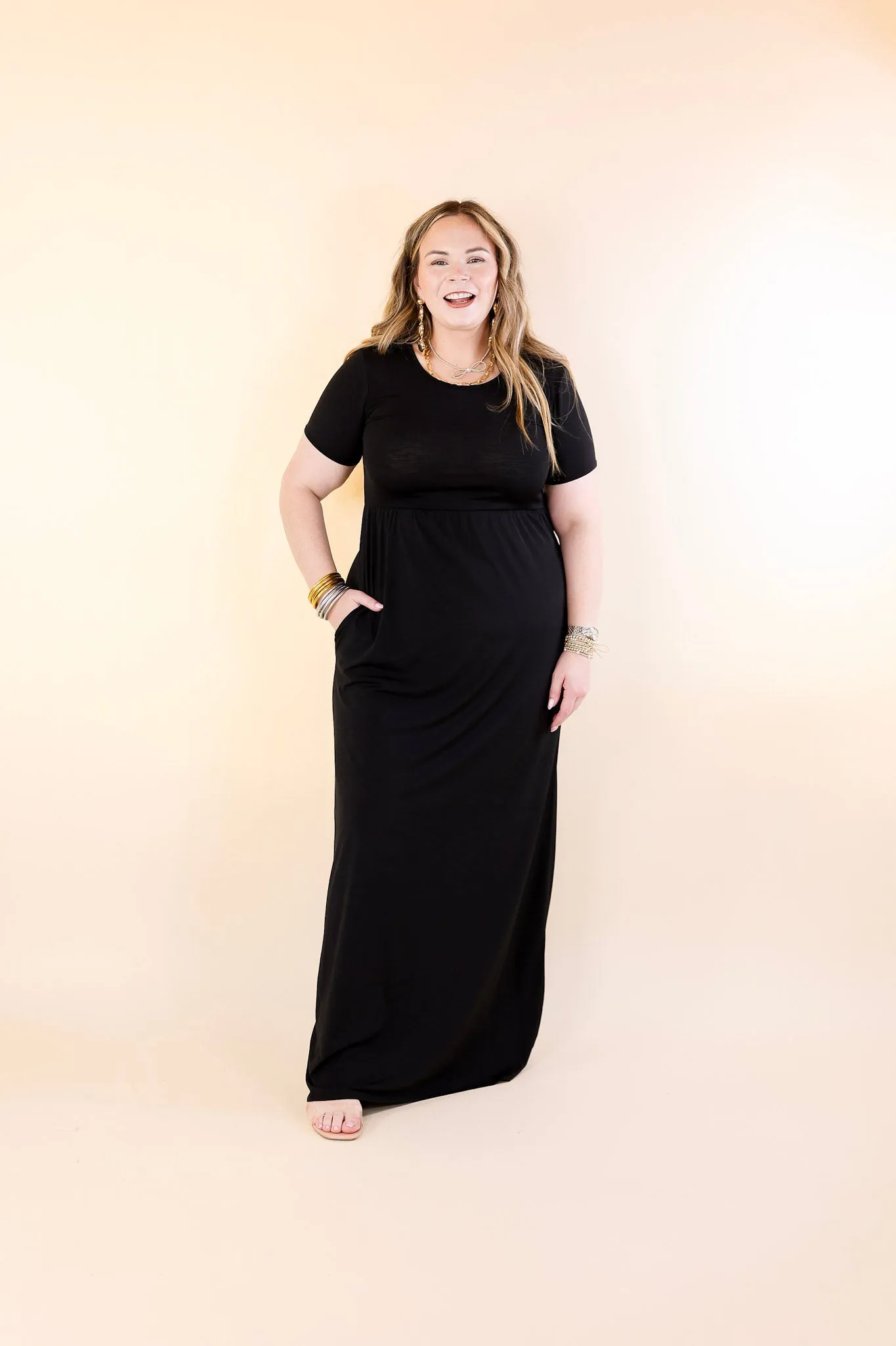 Just Landed Short Sleeve Babydoll Maxi Dress in Black