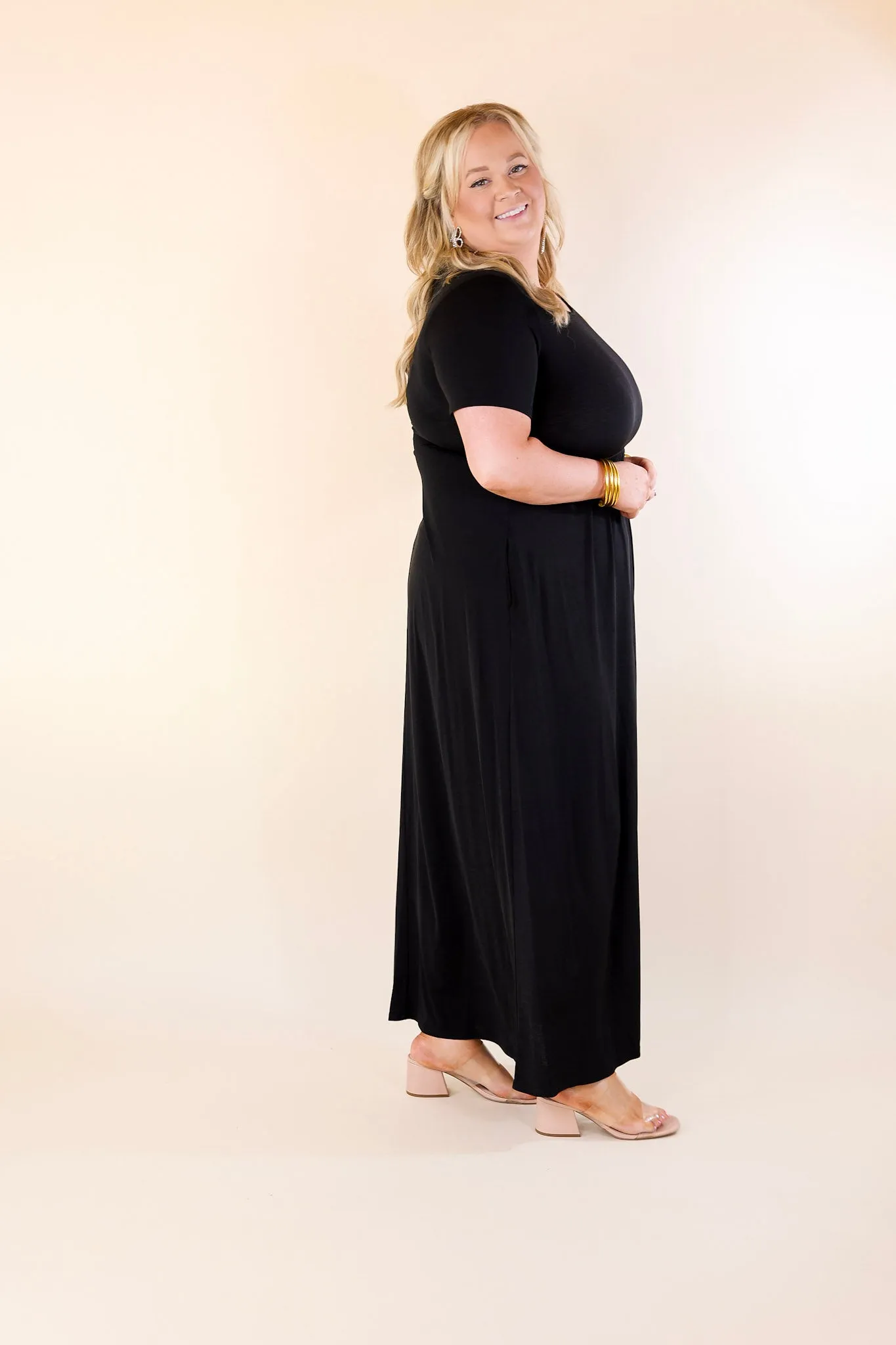 Just Landed Short Sleeve Babydoll Maxi Dress in Black