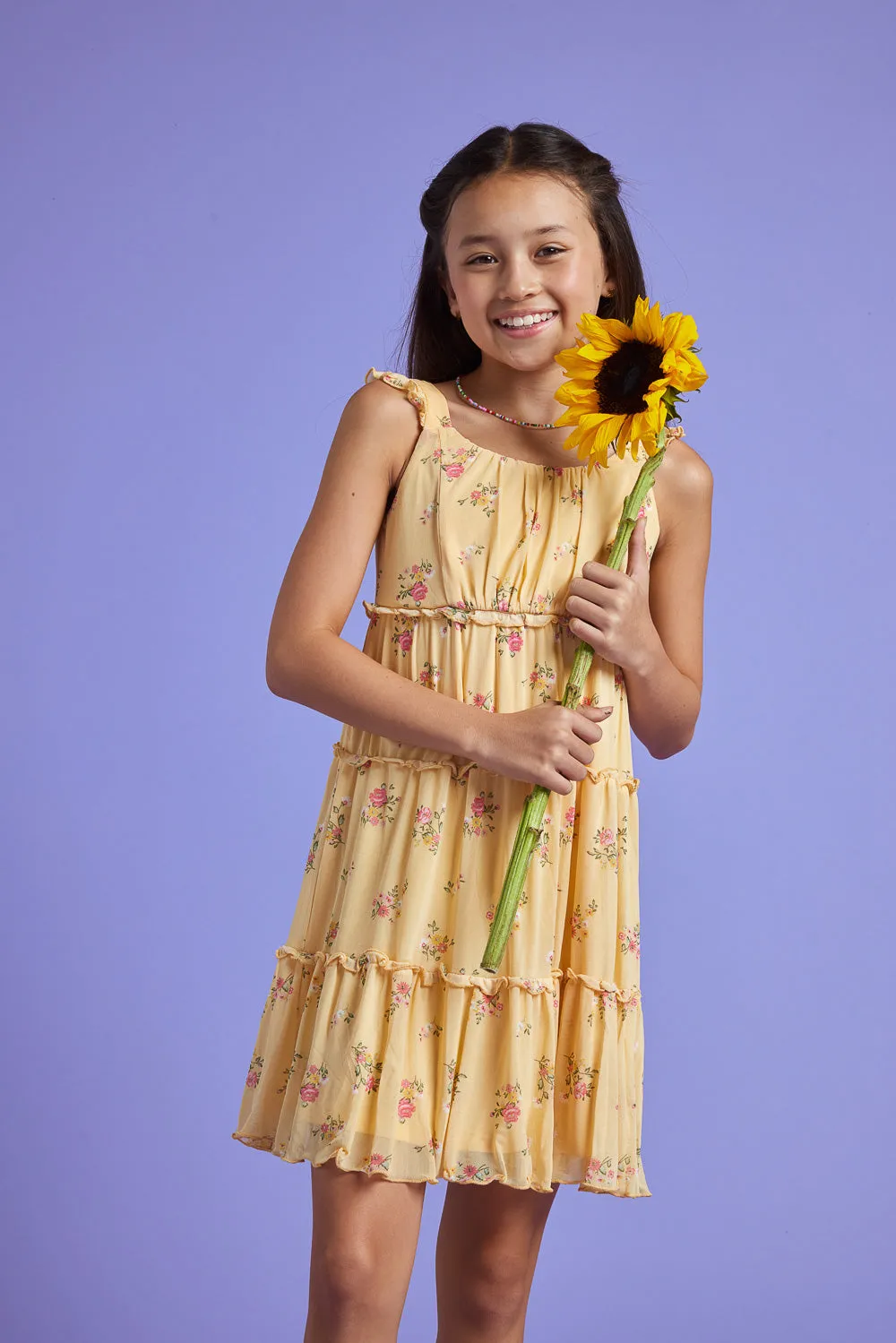 Kids Yellow Floral Sleeveless Babydoll Dress