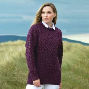 Kildare Classic Merino Crewneck Aran Sweater- Plum