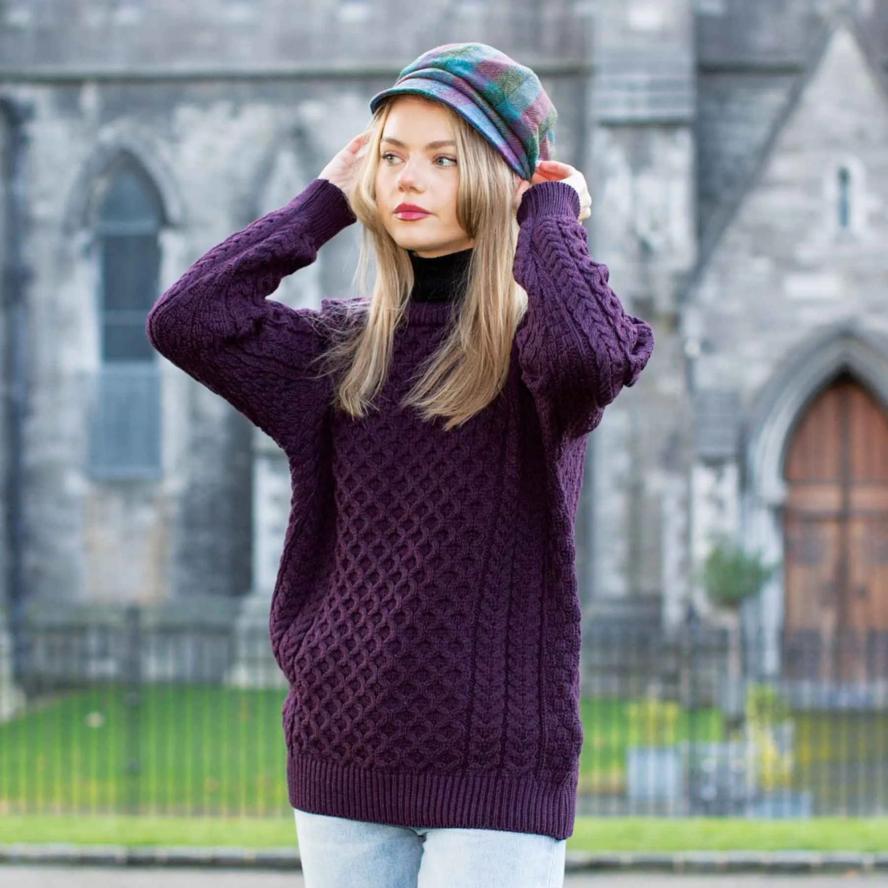 Kildare Classic Merino Crewneck Aran Sweater- Plum