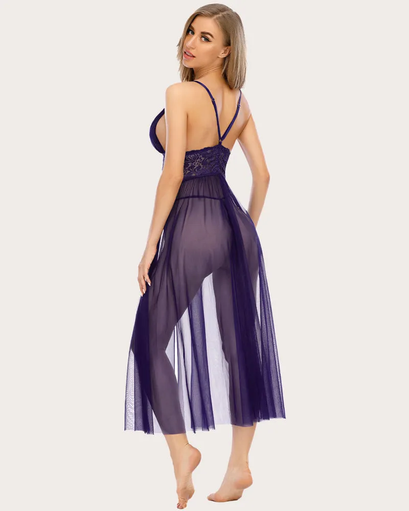 Lace V Neck Mesh Sheer Nightdress