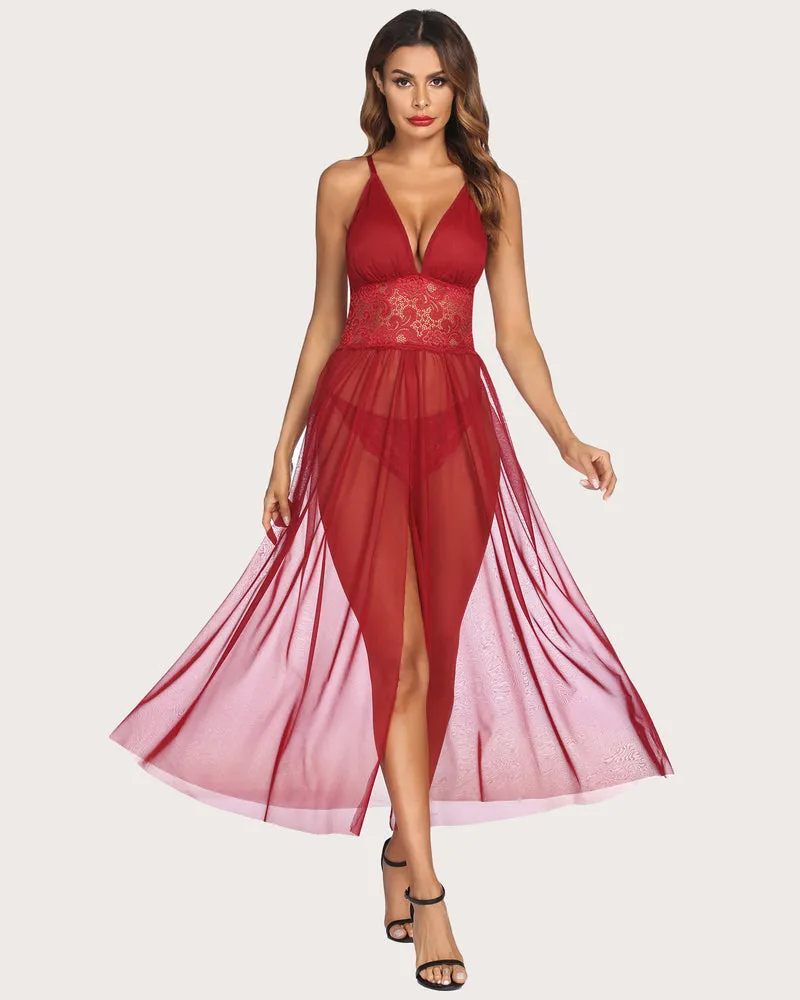 Lace V Neck Mesh Sheer Nightdress