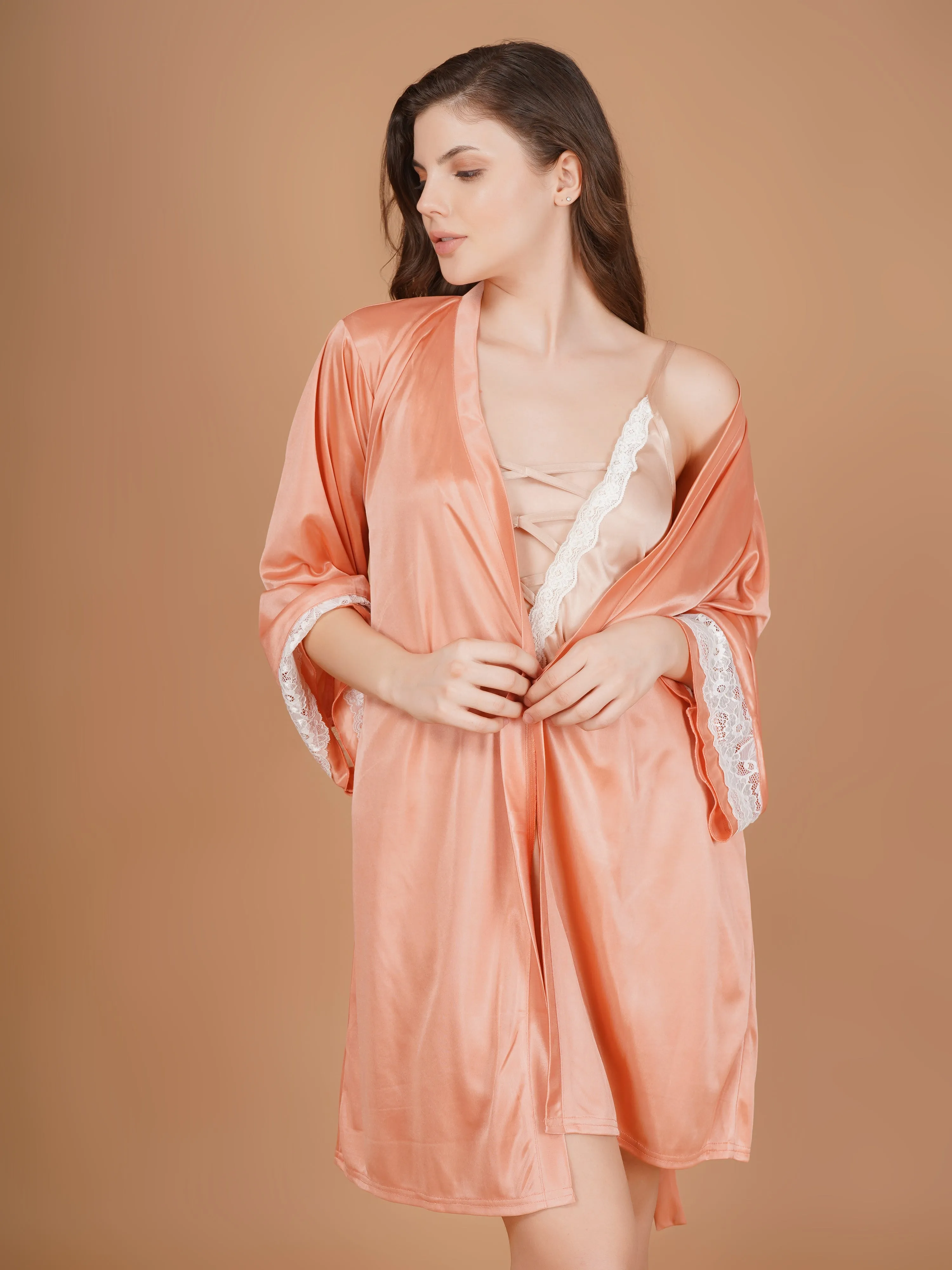 Laced sleeves Peach Satin Robe