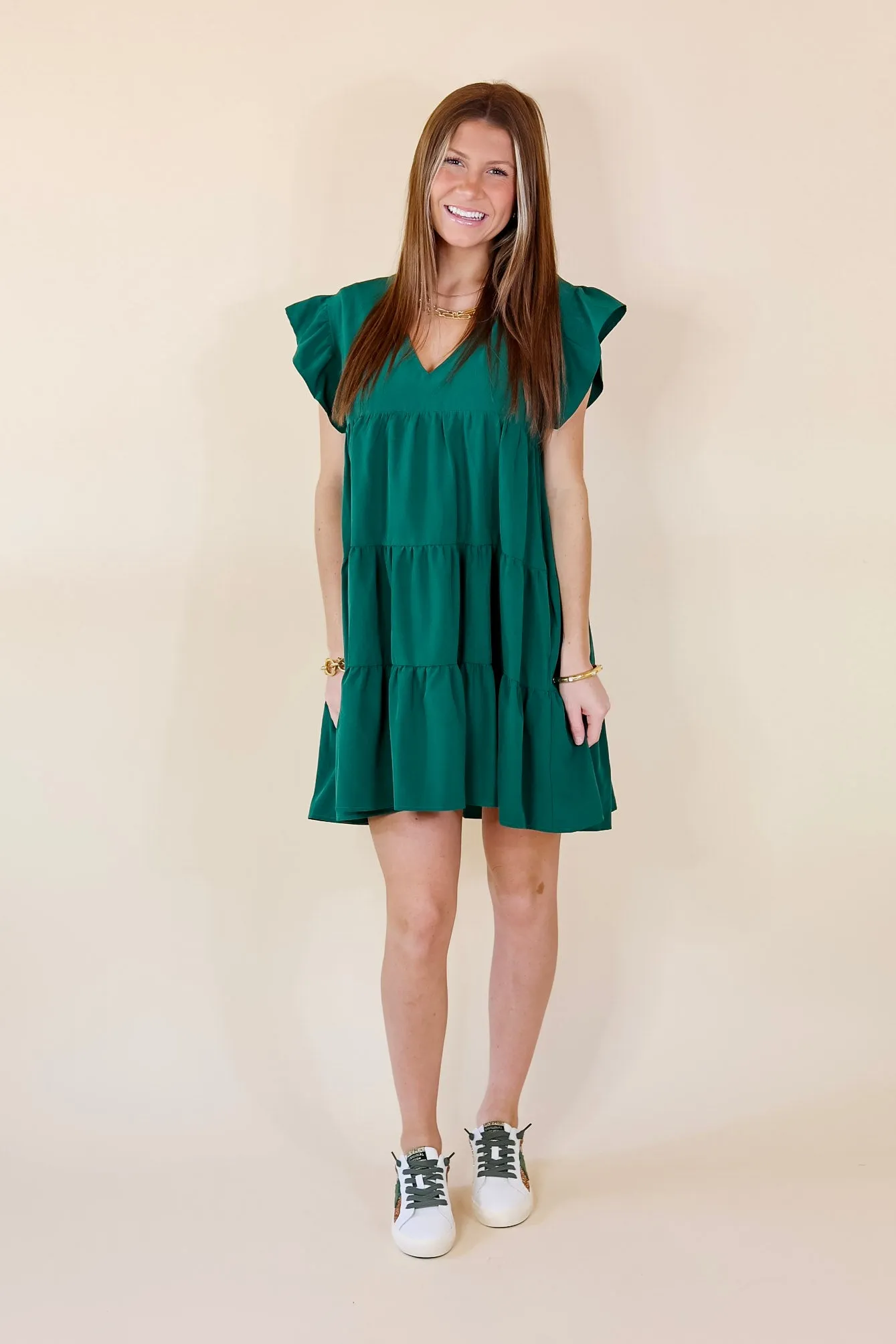 Last Chance Size Medium | Delightful Endeavor Ruffle Cap Sleeve Tiered Dress in Hunter Green