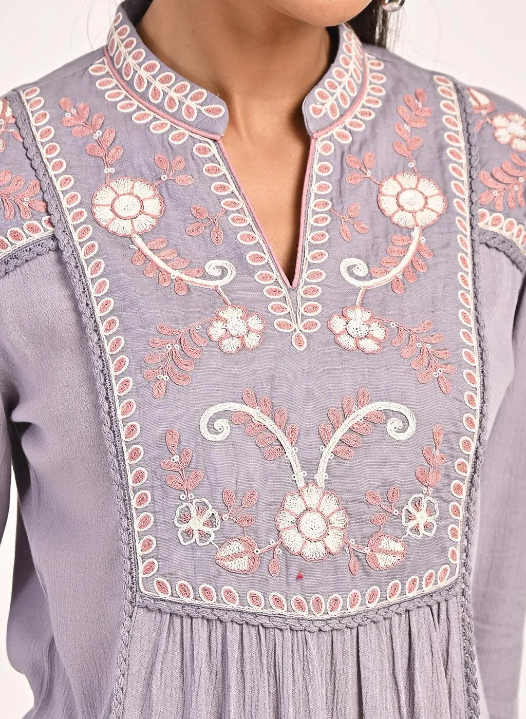 Lavender Collared Tunic with Embroidery at Yoke