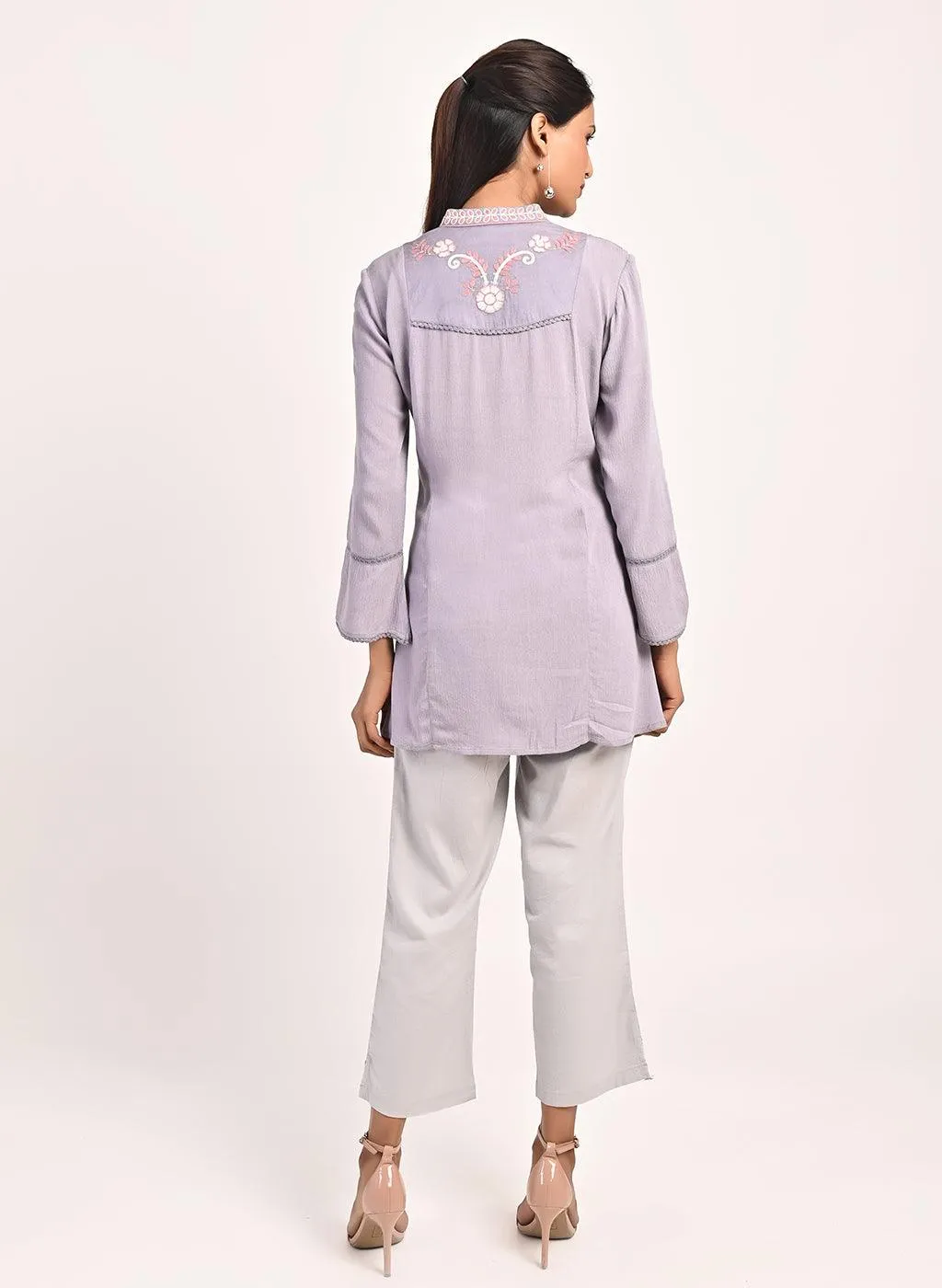 Lavender Collared Tunic with Embroidery at Yoke